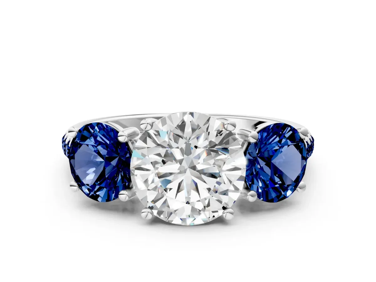 Three-Stone Round Cut Diamond Ring with Round Blue Sapphire Pavé Band and Prong Setting Silver