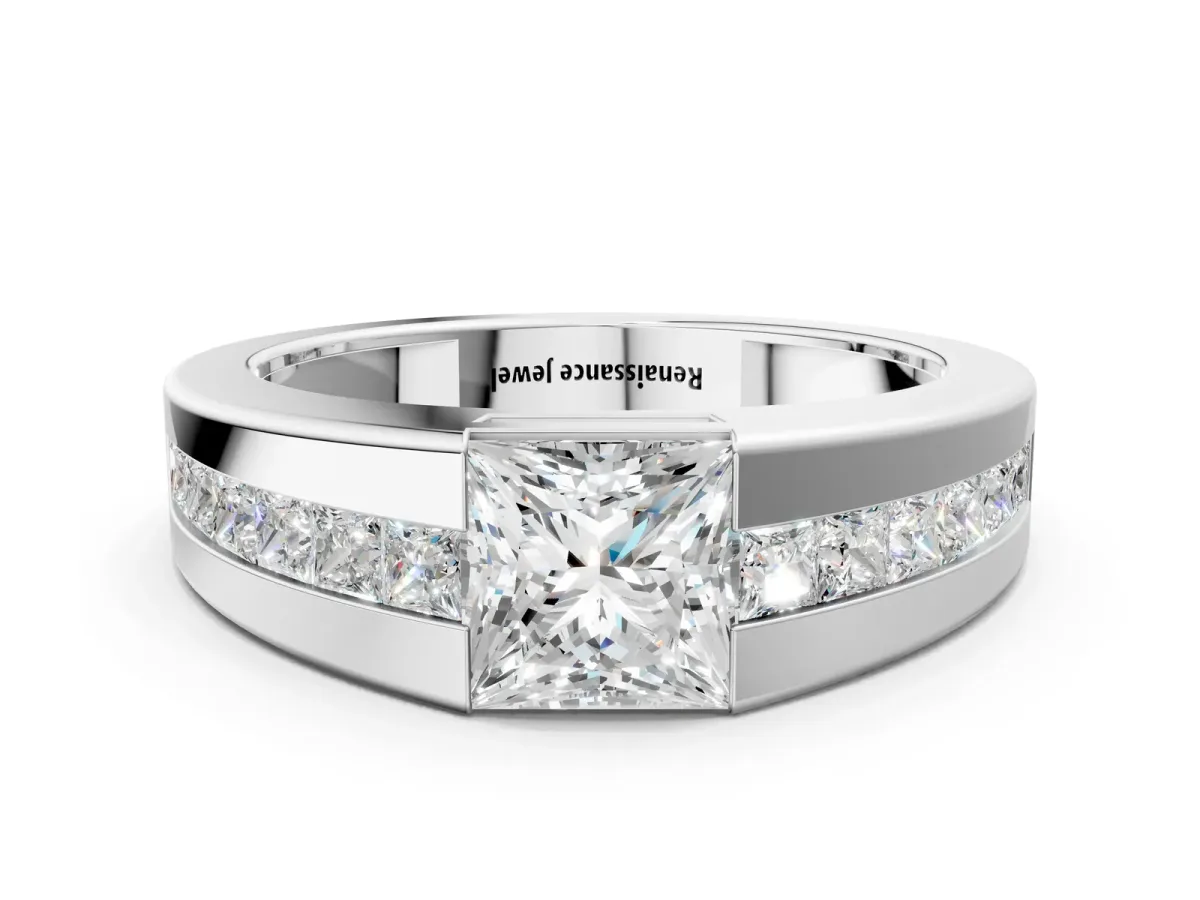 Princess Diamond Channel Set Mens Ring Silver