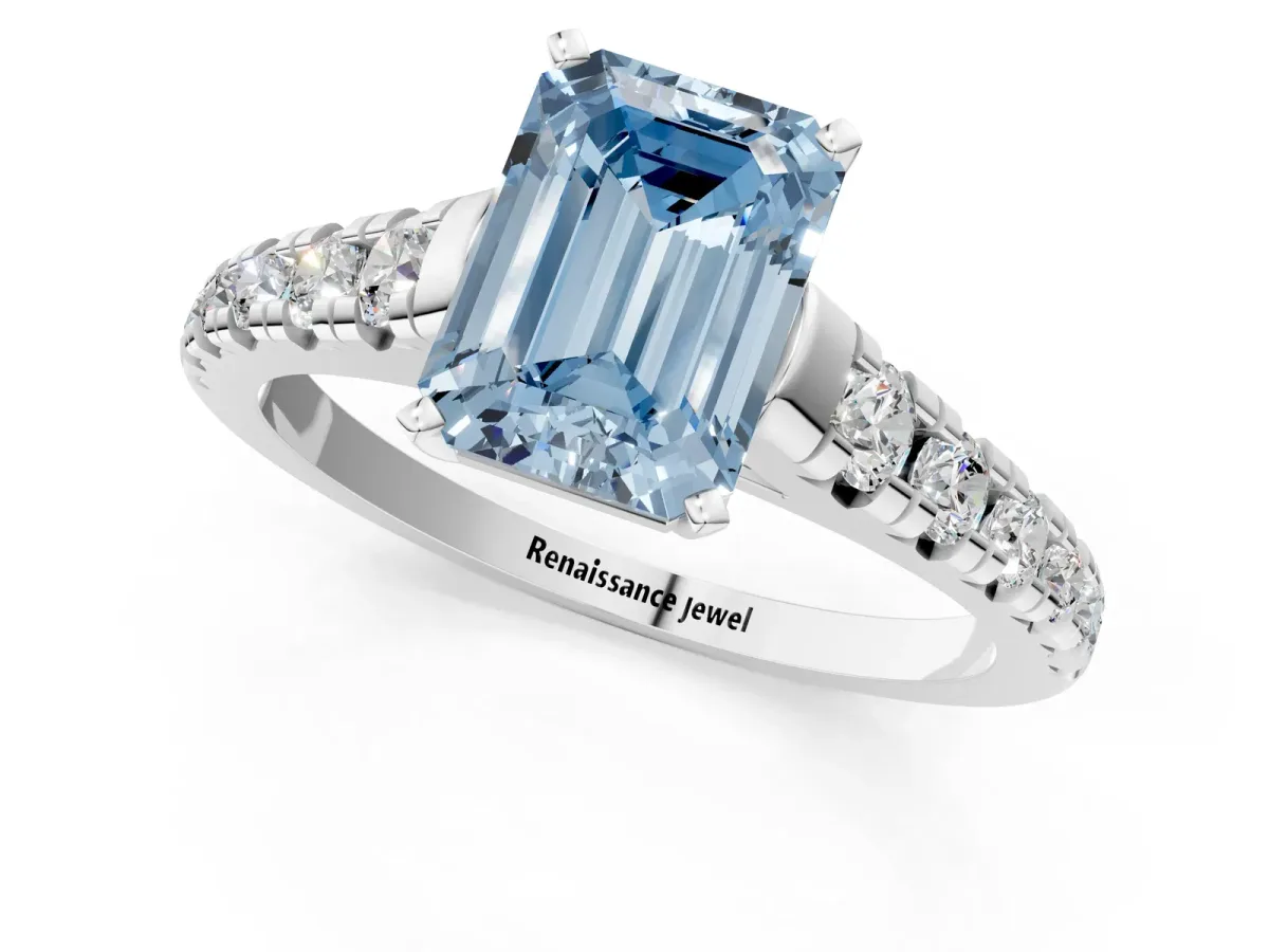 Fancy Blue Emerald Cut Diamond Cathedral Solitaire Ring with Round Pavé Band Silver