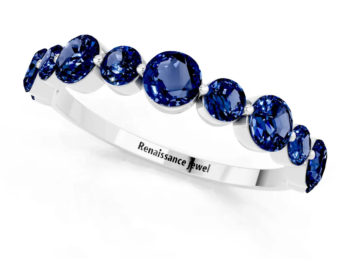 Round Blue Sapphire Scalloped Prong Set Eternity Band Silver
