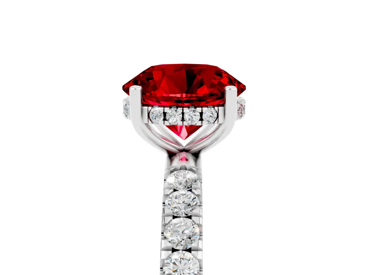 Round Cut Ruby Pave Band Solitaire Ring with Round and Prong Setting Platinum