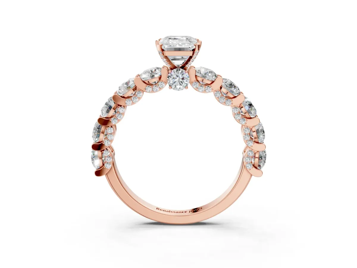 Emerald Cut Diamond Side Stone Engagement Ring with Four-Prong Setting Rose gold