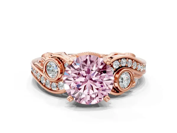 Fancy Pink Round Cut Diamond Solitaire Ring with Milgrain Pavé Band and Four-Prong Setting Rose gold