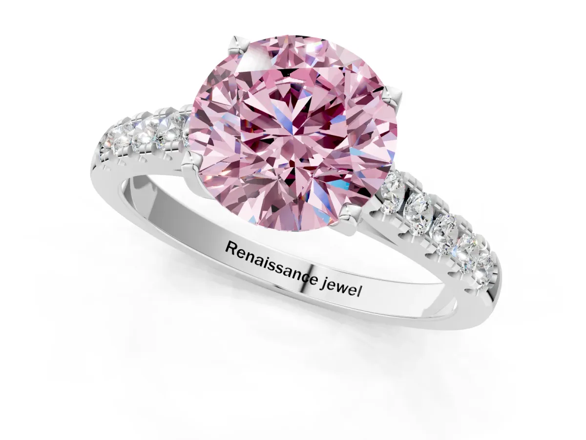 Fancy Pink Round Cut Diamond Pavé Band Solitaire Ring with Prong Setting White gold