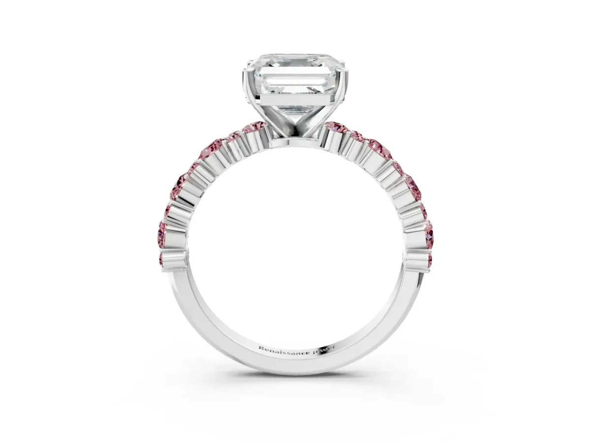 Asscher Cut Diamond Side Stone Solitaire Ring with Round Morganite and Four-Prong Setting Platinum