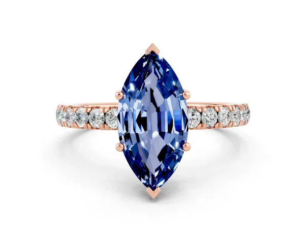 Marquise Cut Blue Sapphire Pave Band Solitaire Ring with Round and Prong Setting Rose gold