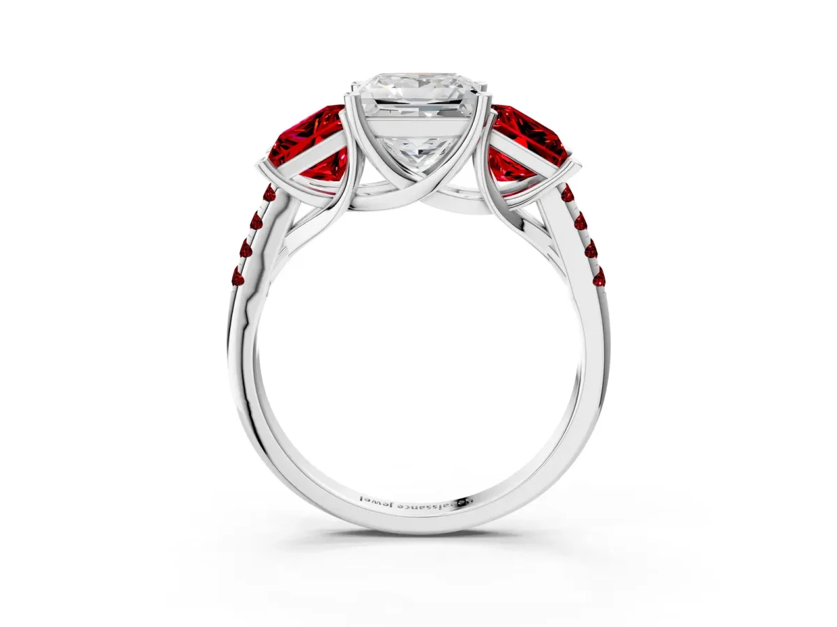 Three-Stone Princess Cut Diamond Ring with Round Ruby Pavé Band and Prong Setting Platinum