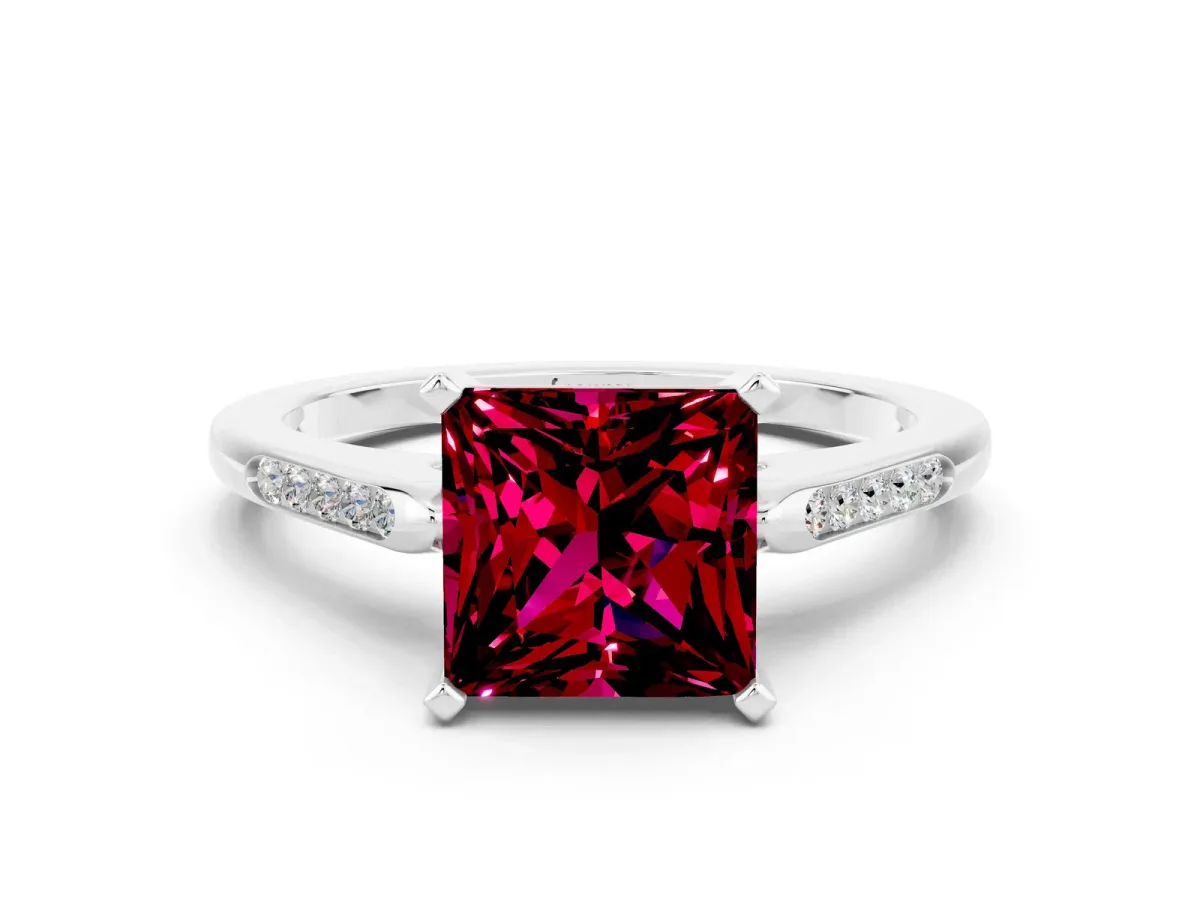 Princess Cut Garnet Solitaire Ring with Channel Set Round Band and Prong Setting Silver