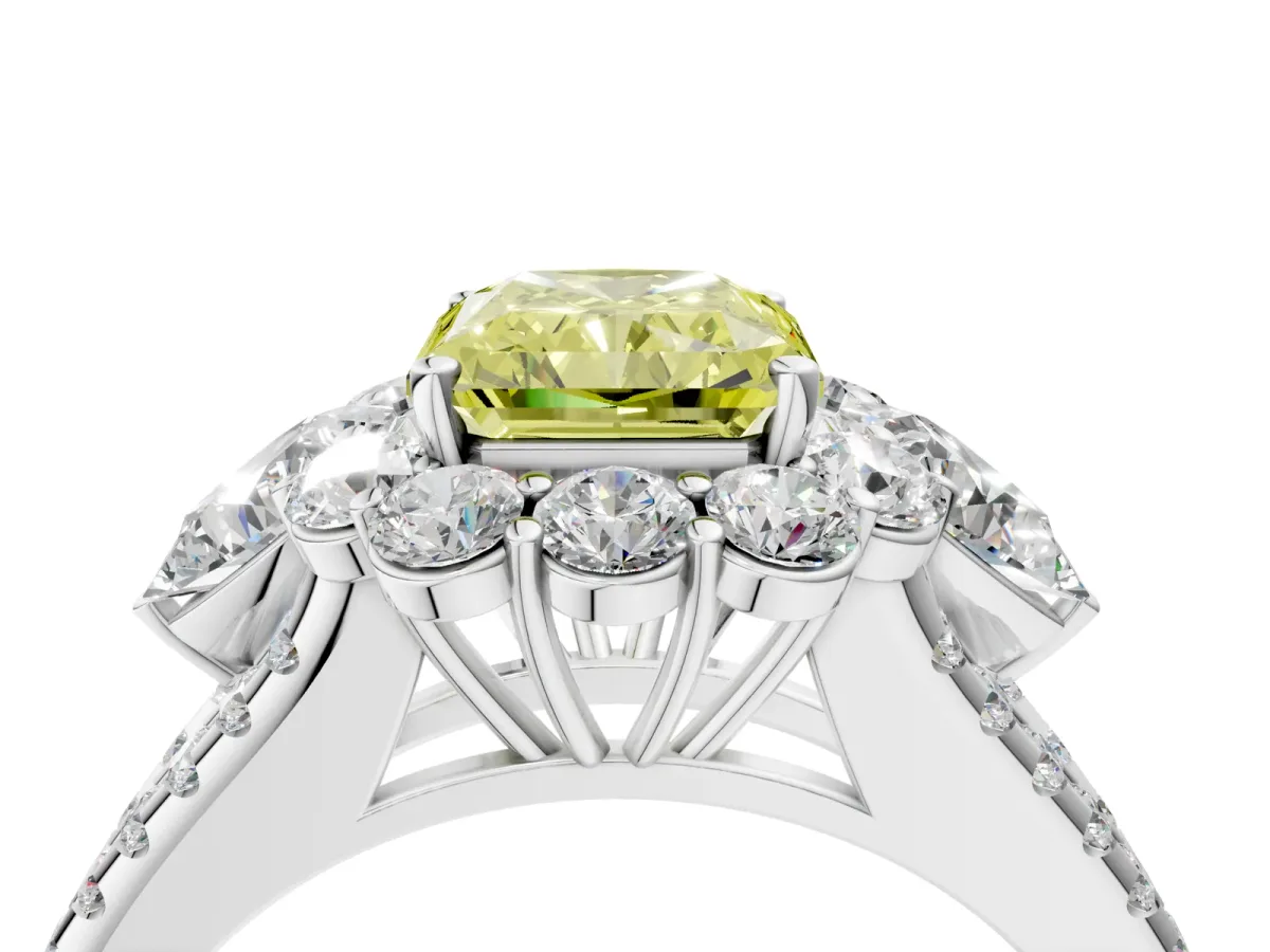 Fancy Yellow Radiant Cut Halo Split Shank Diamond Engagement Ring with Prong Setting Platinum