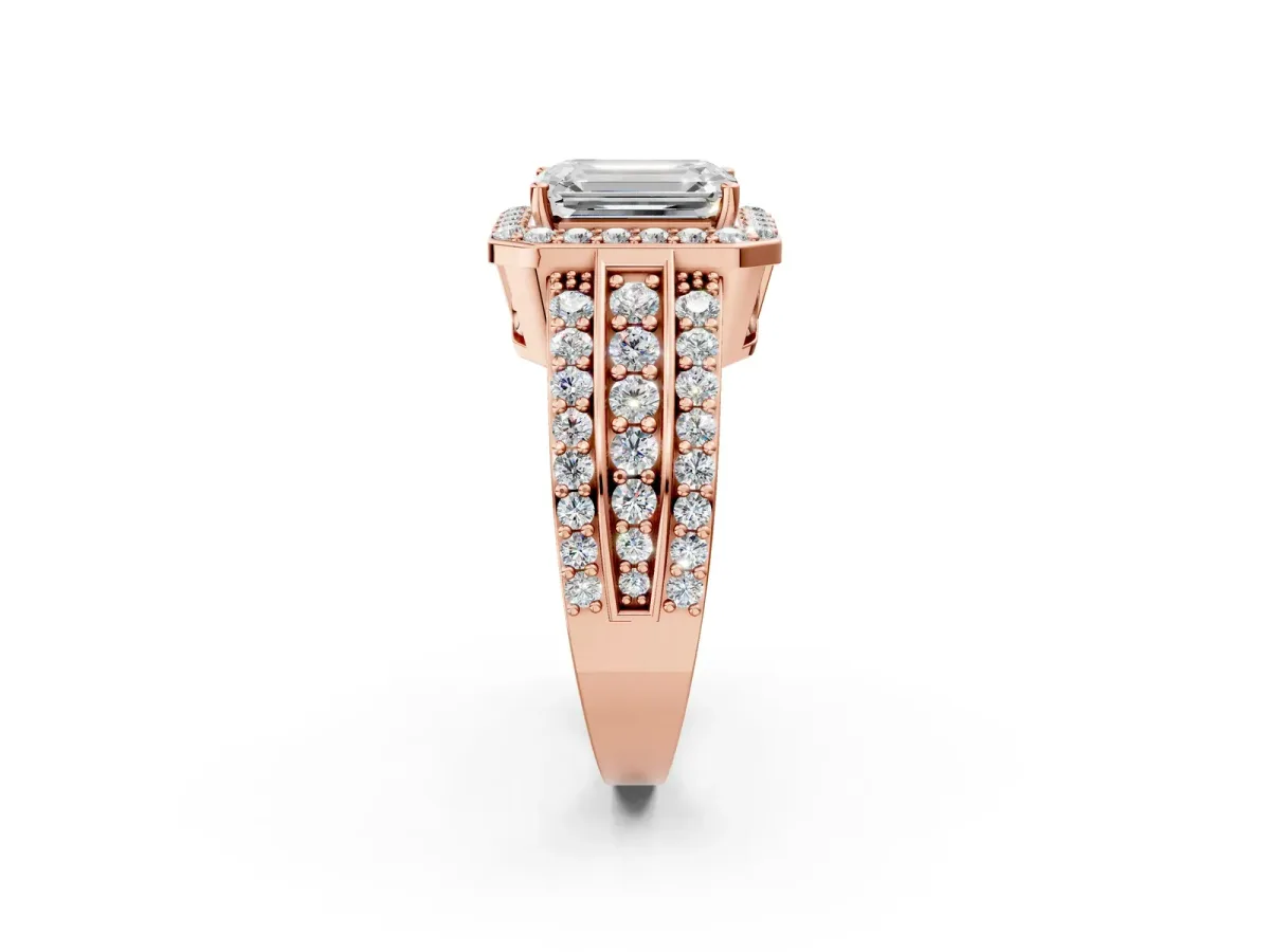Emerald Cut Halo Diamond Ring with Round Split Shank and Prong Setting Rose gold