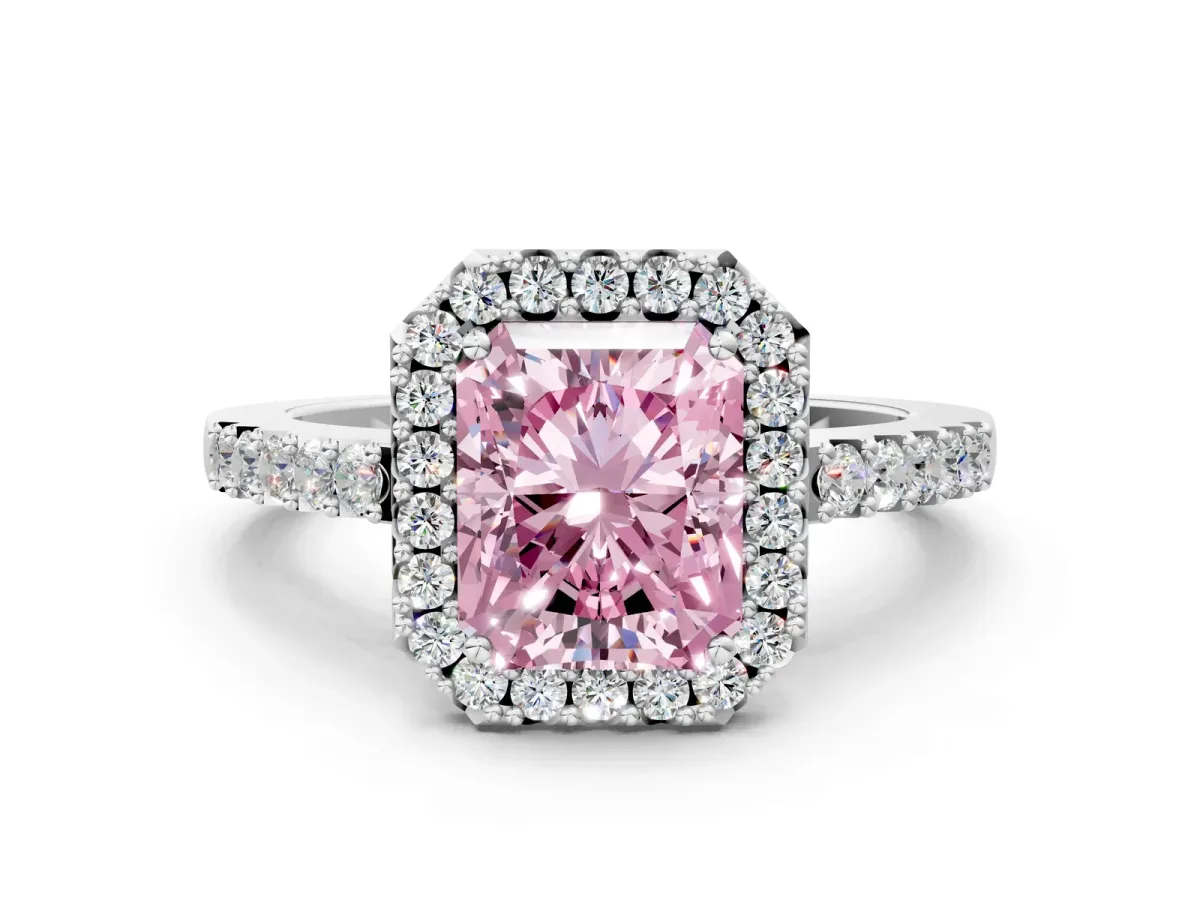 Fancy Pink Radiant Cut Halo Diamond Pavé Solitaire Ring Platinum