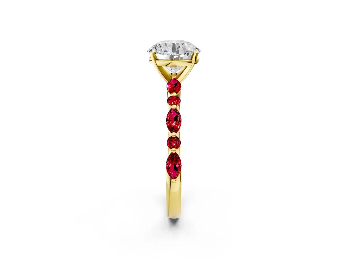 Round Cut Diamond Ring with Marquise and Round Ruby Side Stones and Four-Prong Setting Yellow gold