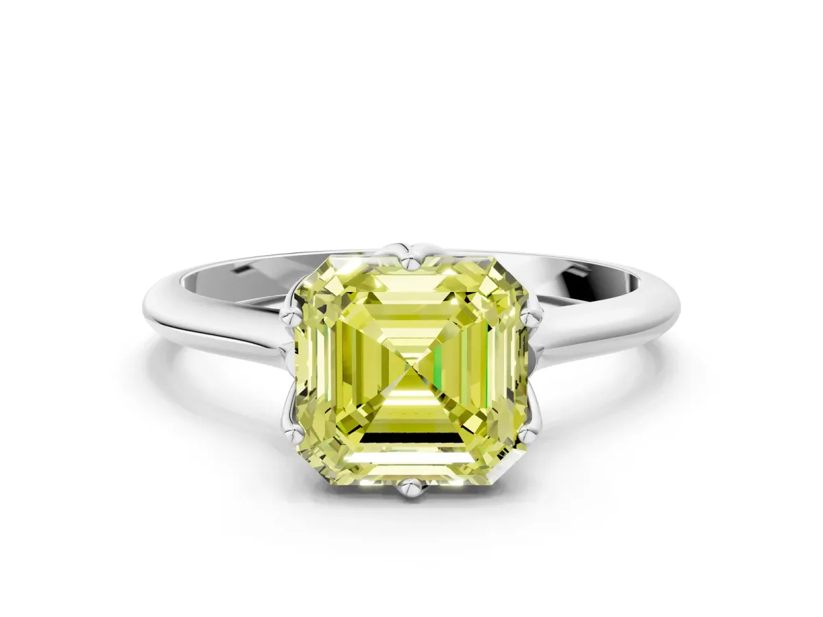 Fancy Yellow Asscher Cut Solitaire Cathedral Diamond Ring with Six-Prong Setting Platinum