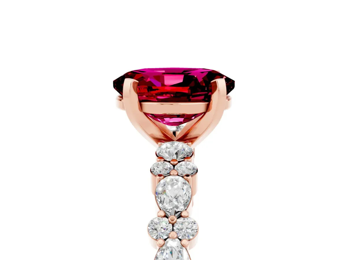 Oval Cut Garnet Side Stone Solitaire Ring with Round and Four-Prong Setting Rose gold