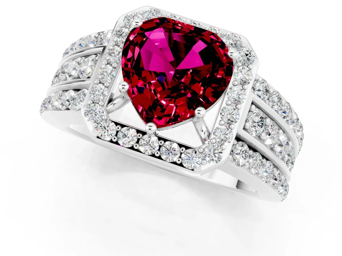 Heart Cut Halo Garnet Ring with Round Split Shank and Prong Setting White gold
