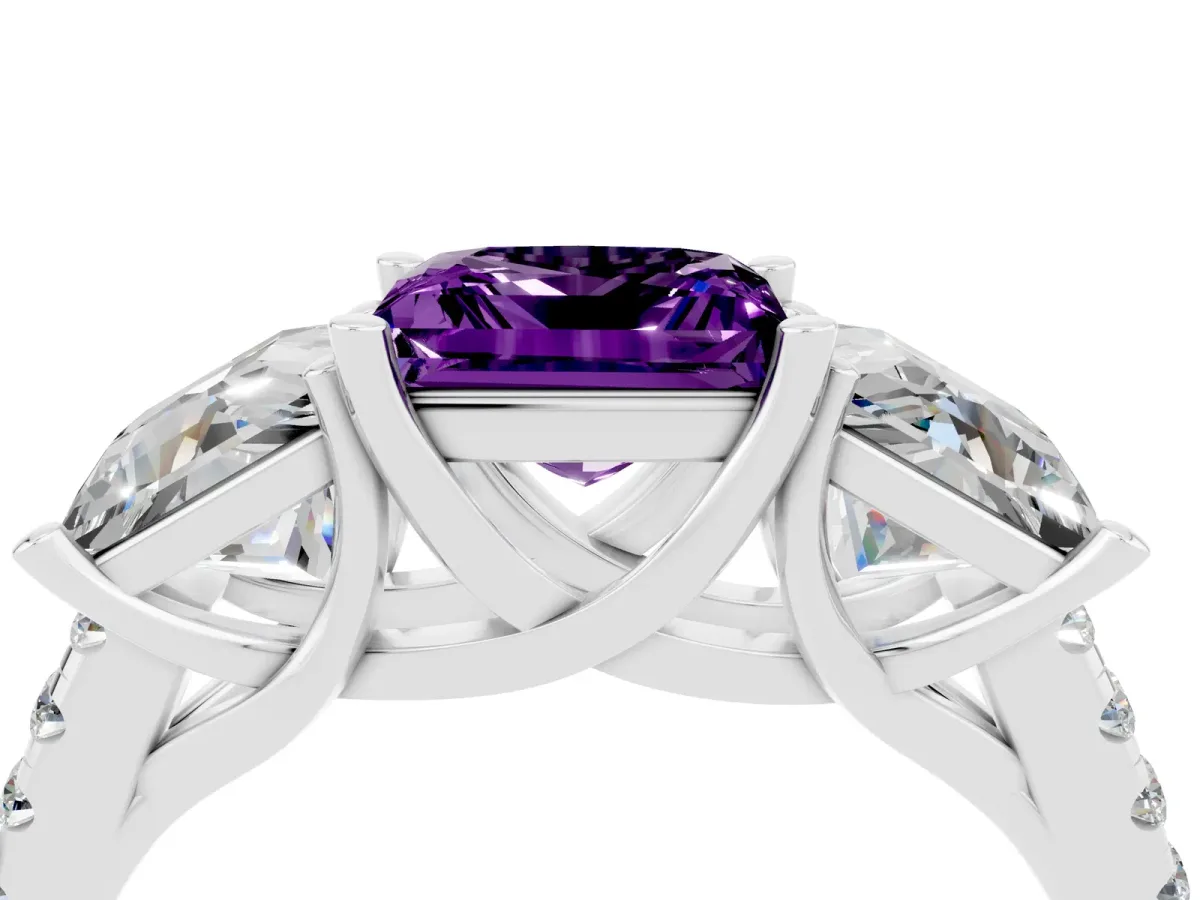 Three-Stone Princess Cut Amethyst Ring with Round Pavé Band and Prong Setting Silver