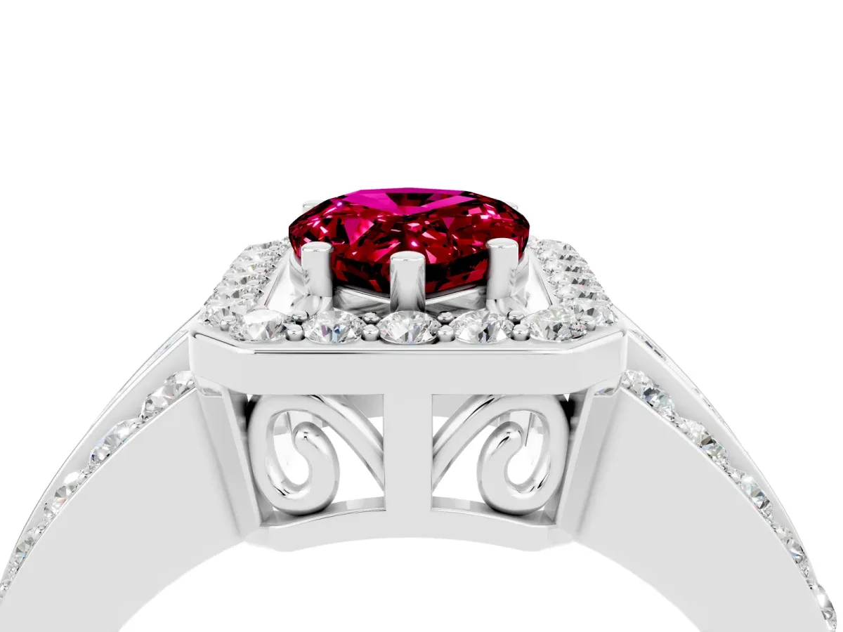 Pear Cut Halo Garnet Ring with Round Split Shank and Prong Setting White gold