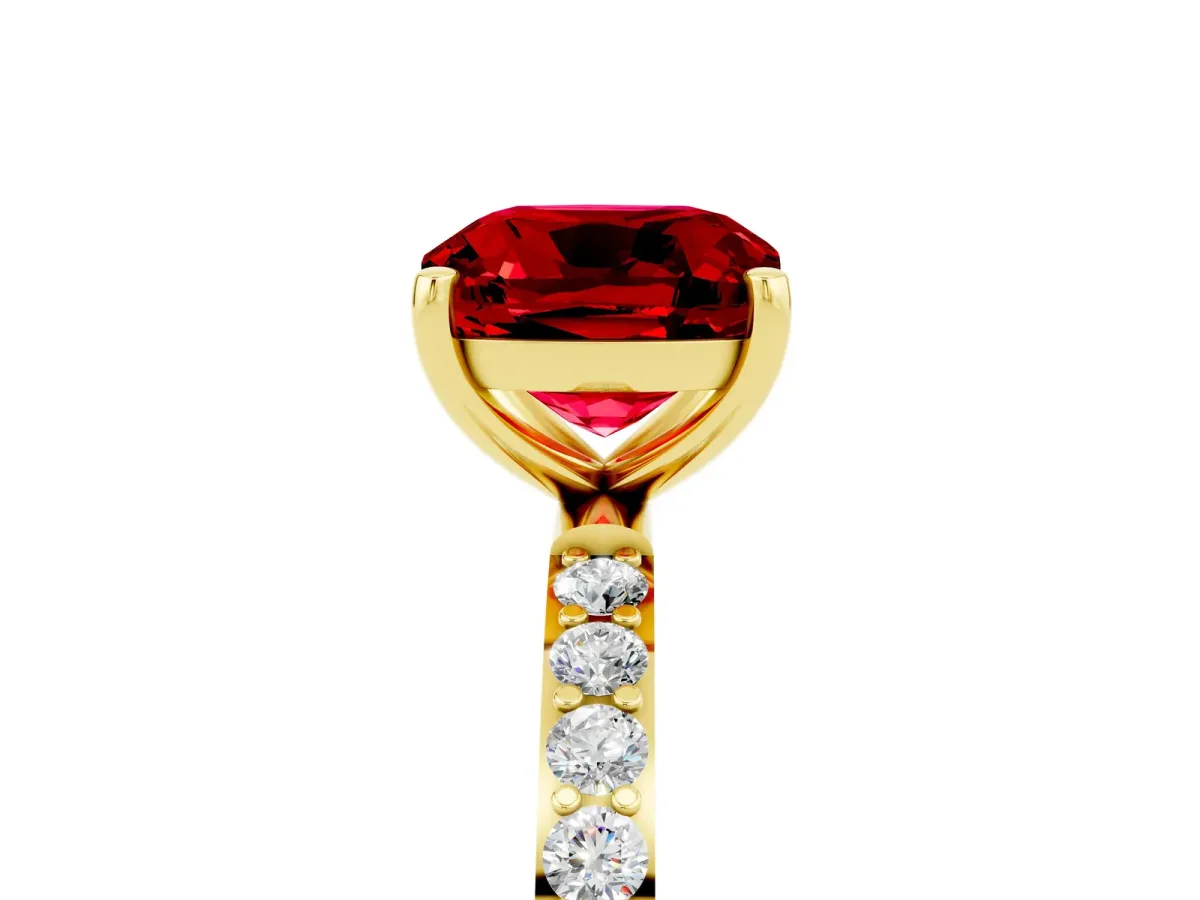 Cushion Cut Ruby Solitaire Ring with Round Pavé Band and Prong Setting Yellow gold