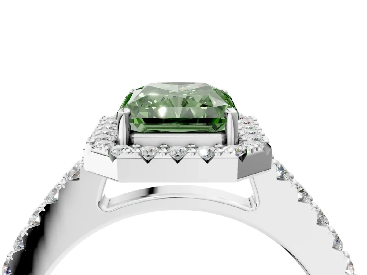 Fancy Green Radiant Cut Halo Diamond Pavé Solitaire Ring Silver