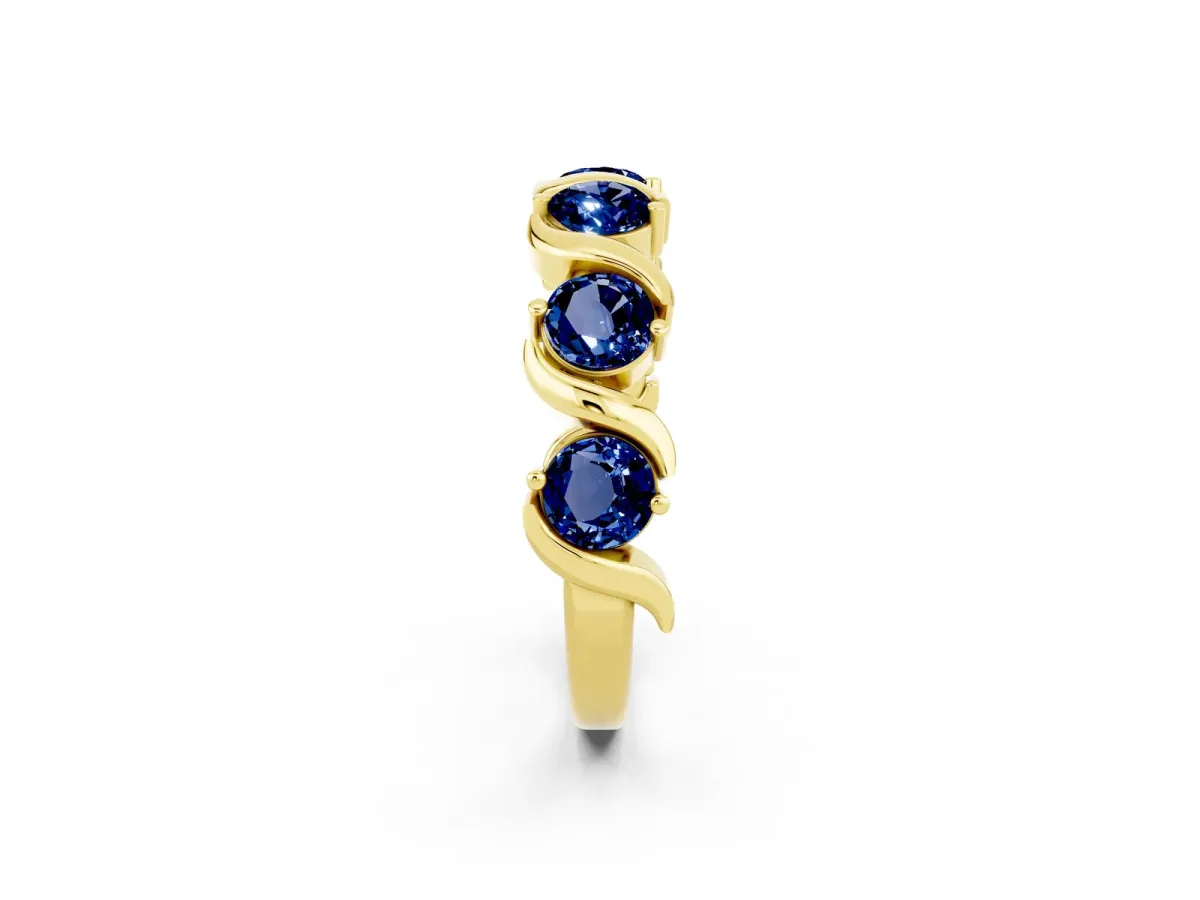 Six-Stone Round Blue Sapphire Wave Band with Shared Prong Setting Yellow gold