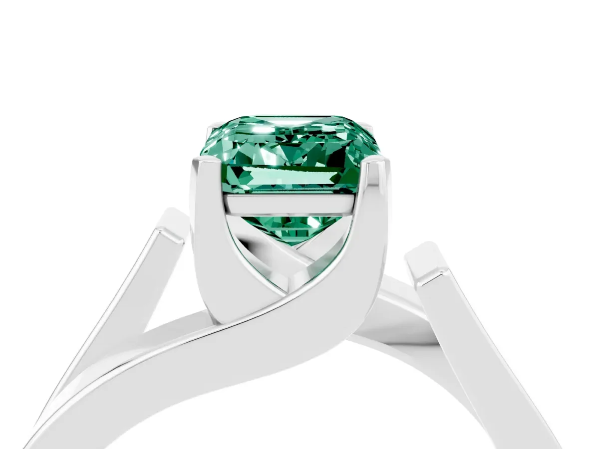 Modern Tension Set Emerald Cut Green Sapphire Solitaire Wide Band Ring Silver