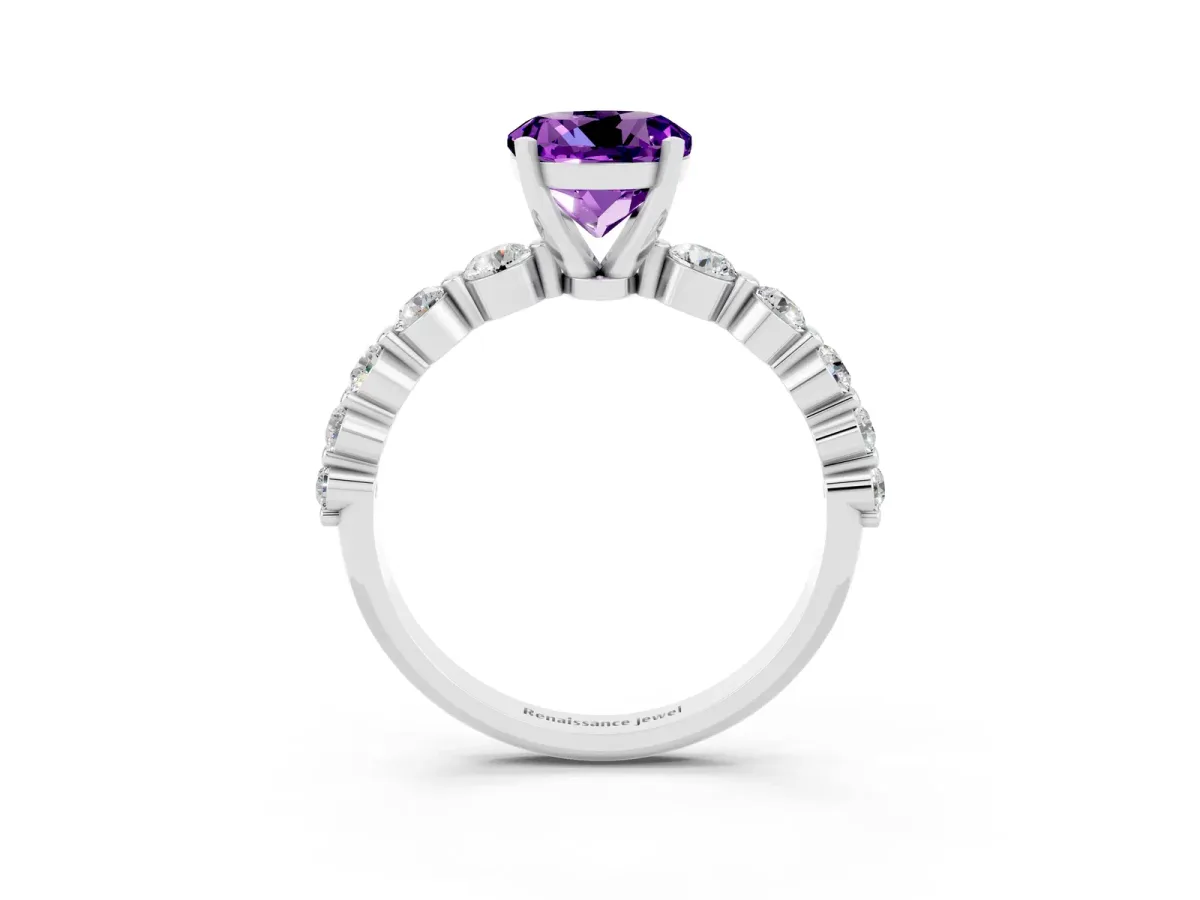 Round Cut Solitaire Amethyst Ring with Pave Band and Four-Prong Setting Silver