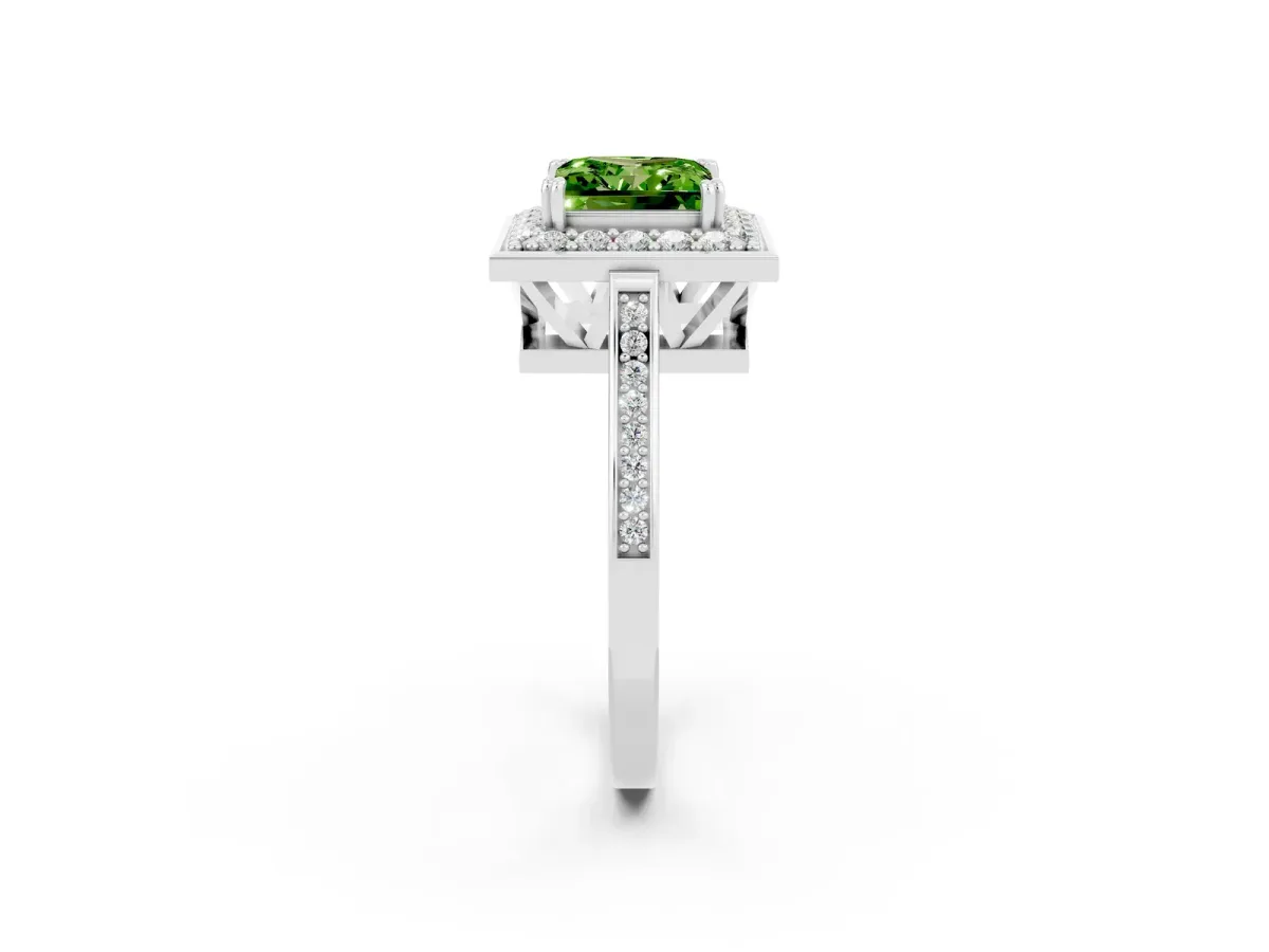 Princess Cut Peridot Halo Ring with Split Shank and Four-Prong Setting Platinum
