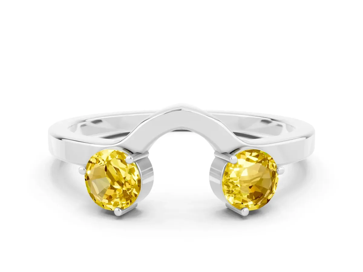 Dual Round Yellow Sapphire Open Band Ring with Prong Setting Platinum