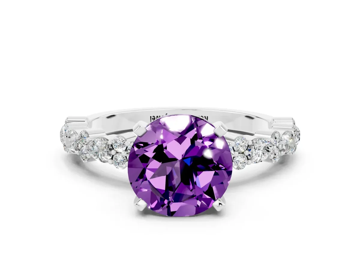 Round Cut Amethyst Side Stone Solitaire Ring with Round and Four-Prong Setting Platinum