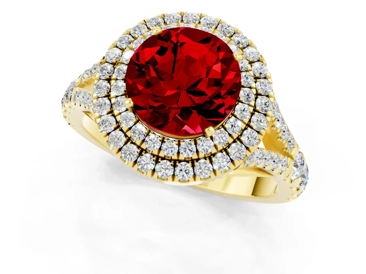 Round Cut Ruby Double Halo Ring with Split Shank and Prong Setting Yellow gold