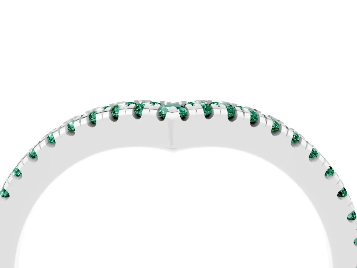 Pavé Round Green Sapphire V-Shaped Chevron Band with Shared Prong Setting Silver