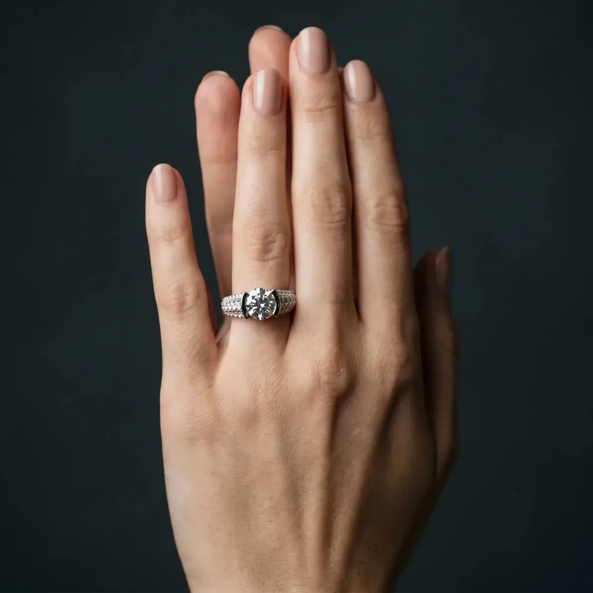 Round Cut Cut Diamond Channel Set Pave Band with Tension Prong Setting Silver