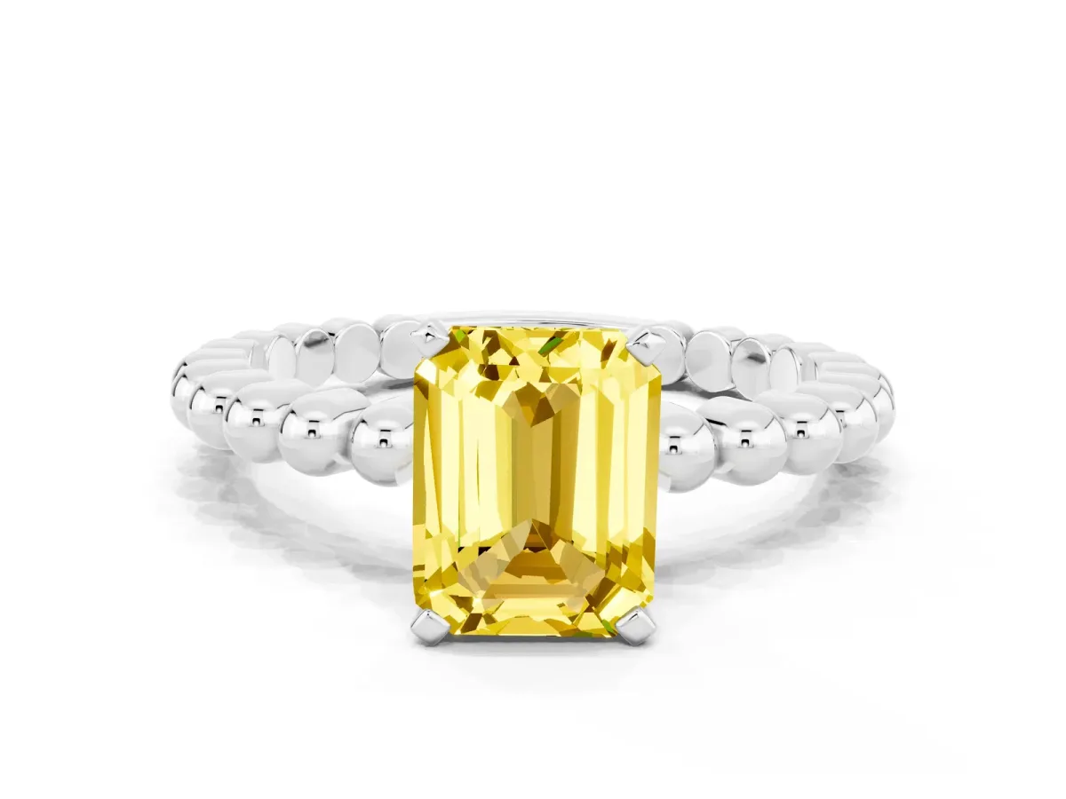 Emerald Cut Yellow Sapphire Solitaire Ring with Beaded Band and Prong Setting Silver