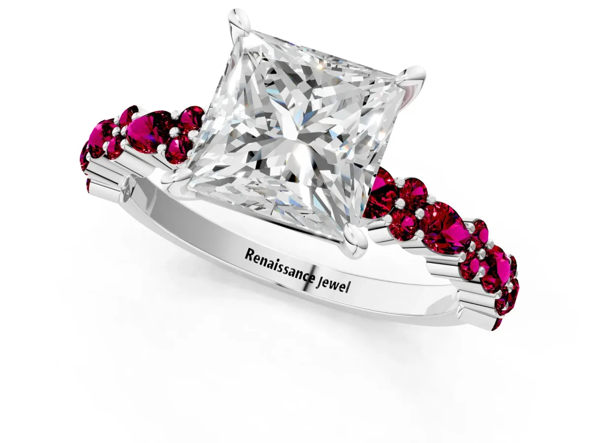Princess Cut Diamond Side Stone Solitaire Ring with Round Garnet and Four-Prong Setting Platinum