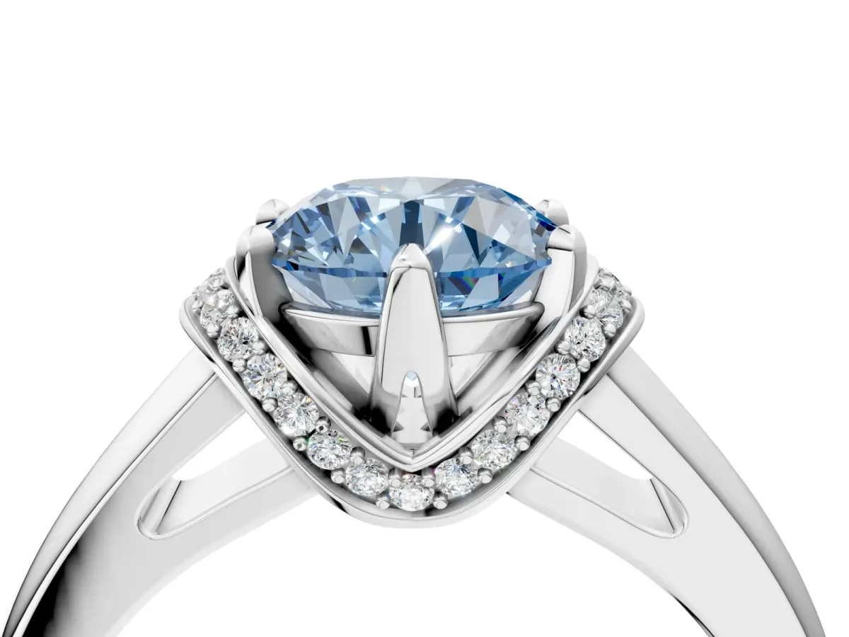 Fancy Blue Round Cut Solitaire Diamond Ring with Pave Band and Six-Prong Setting Silver