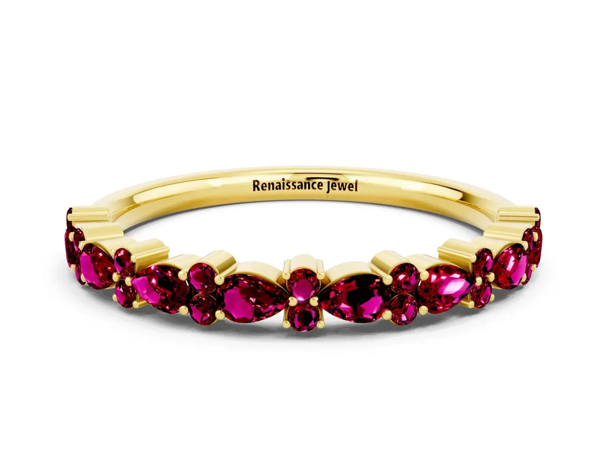 Pear and Round Garnet Wedding Band Yellow gold