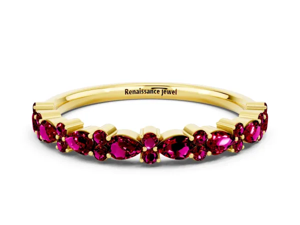 Pear and Round Garnet Wedding Band Yellow gold