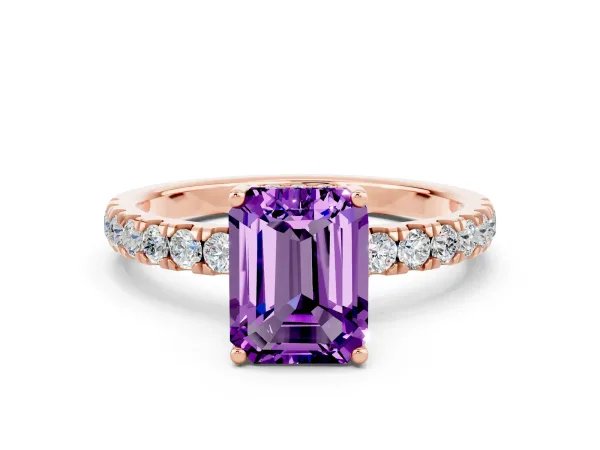 Emerald Cut Amethyst Pave Band Solitaire Ring with Round and Prong Setting Rose gold