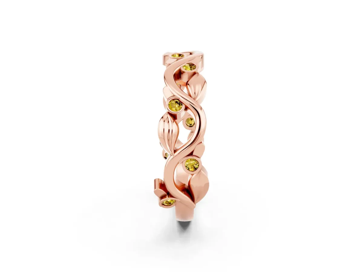 Round Yellow Sapphire Leaf Eternity Band with Bezel Setting Rose gold