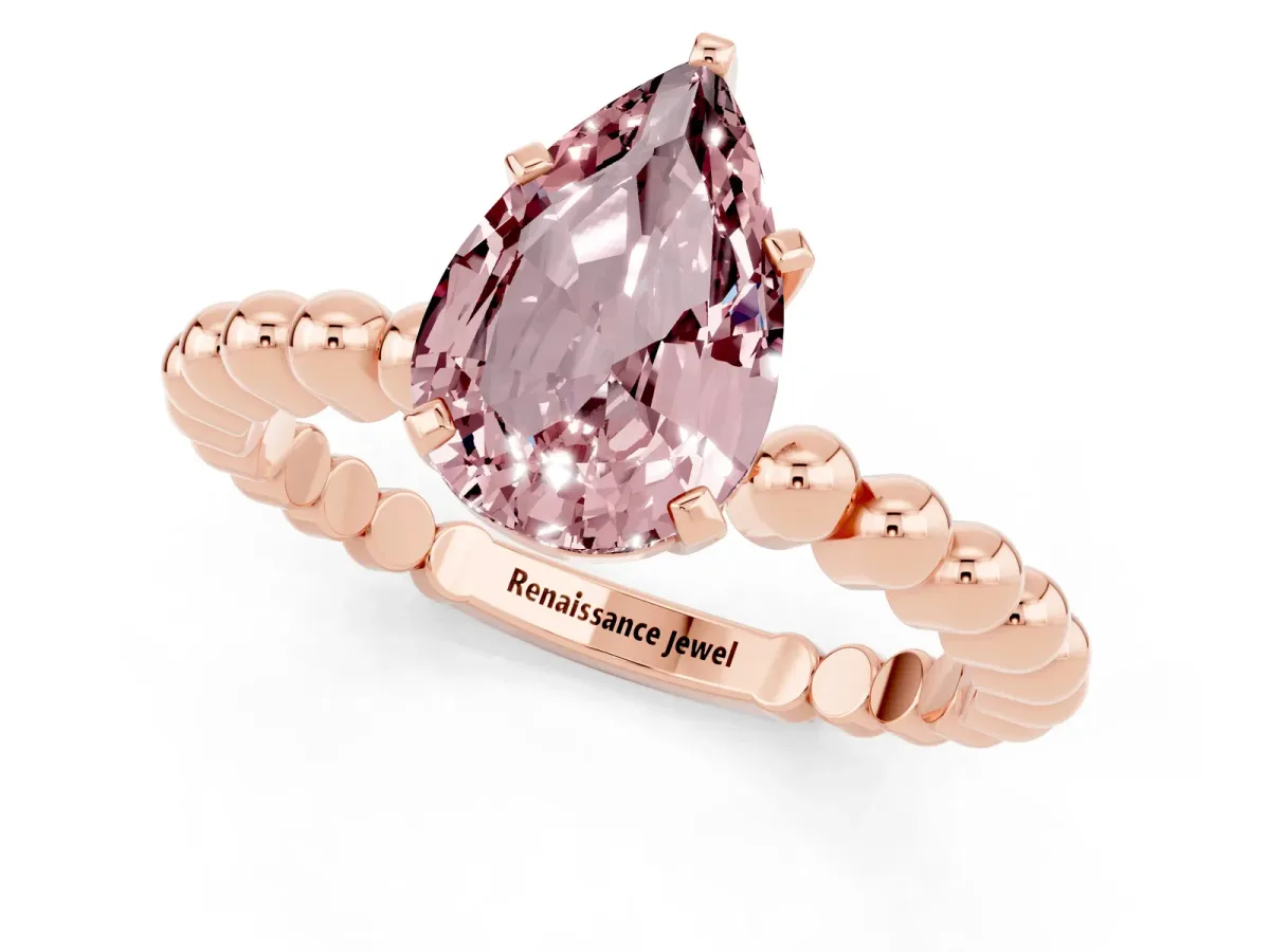 Pear Cut Morganite Solitaire Ring with Beaded Band and Prong Setting Rose gold