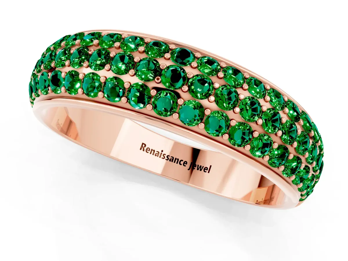 Three-Row Round Emerald Eternity Band with Shared Prong Setting Rose gold