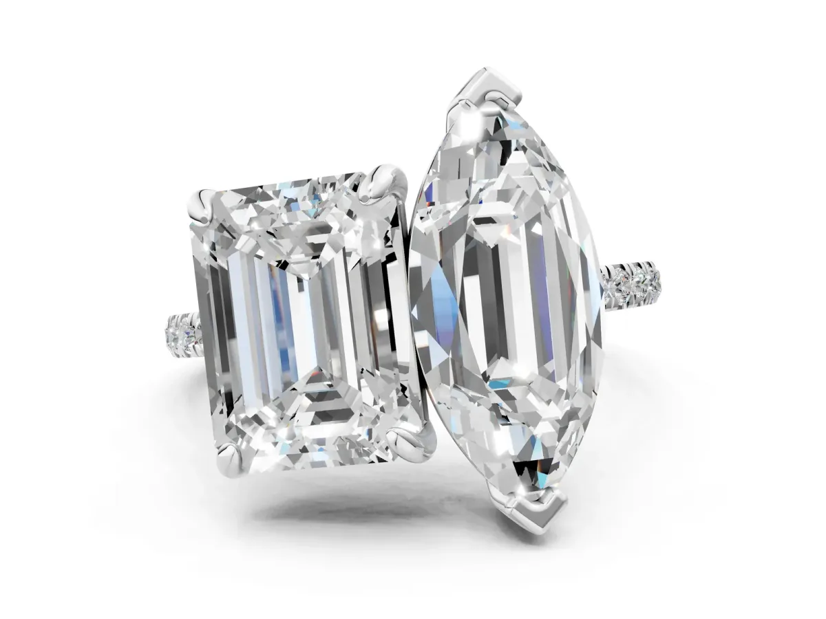 Emerald and Marquise Toi Moi Ring with Prong Setting and Micro Pave Band Silver