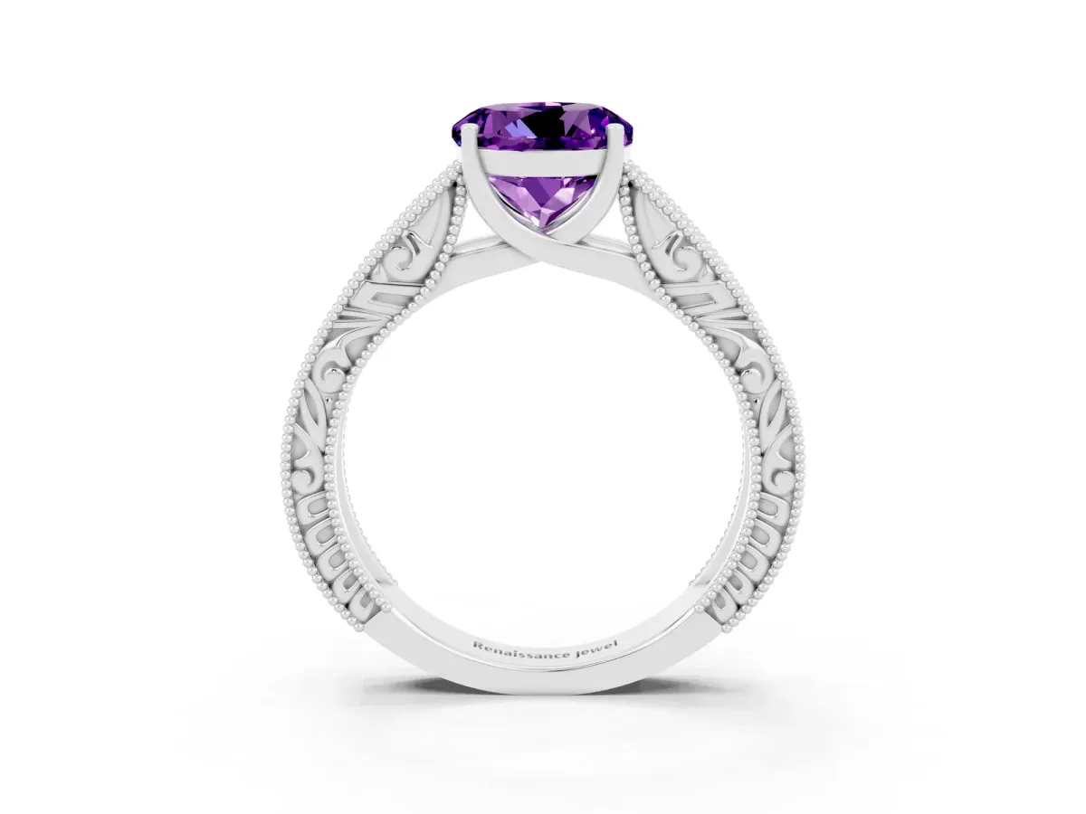 Round Cut Amethyst Solitaire Ring with Engraved Band and Four-Prong Setting White gold