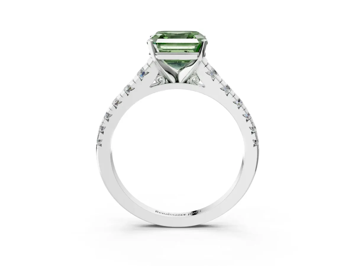 Fancy Green Asscher Cut Diamond Cathedral Solitaire Ring with Round Pavé Band Silver