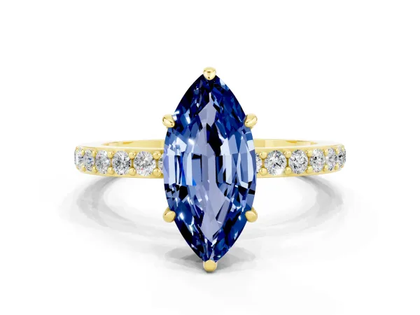Marquise Cut Blue Sapphire Solitaire Engagement Ring with Pavé Band and Four-Prong Setting Yellow gold