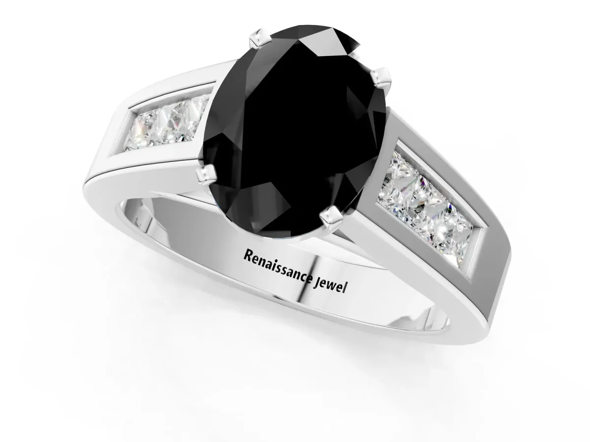 Fancy Black Oval Cut Cut Channel Set Solitaire Ring with Four-Prong Setting Silver