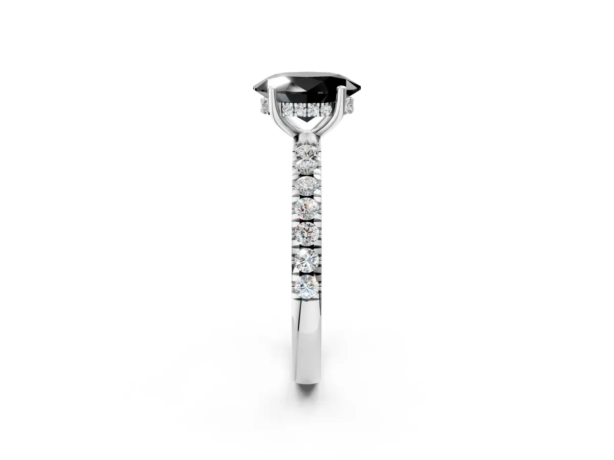 Fancy Black Oval Cut Diamond Pave Band Solitaire Ring with Round and Prong Setting Platinum