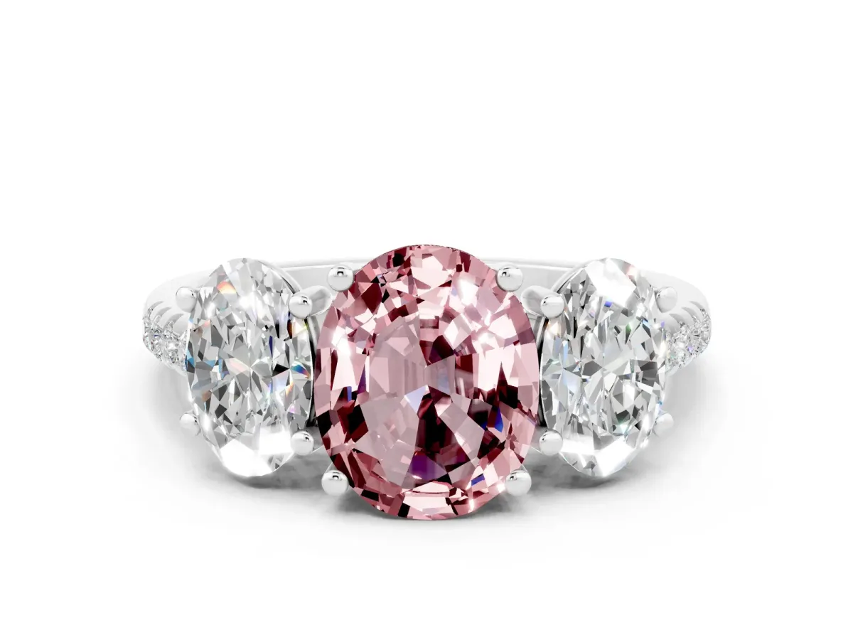 Three-Stone Oval Cut Morganite Ring with Round Pavé Band and Prong Setting Silver
