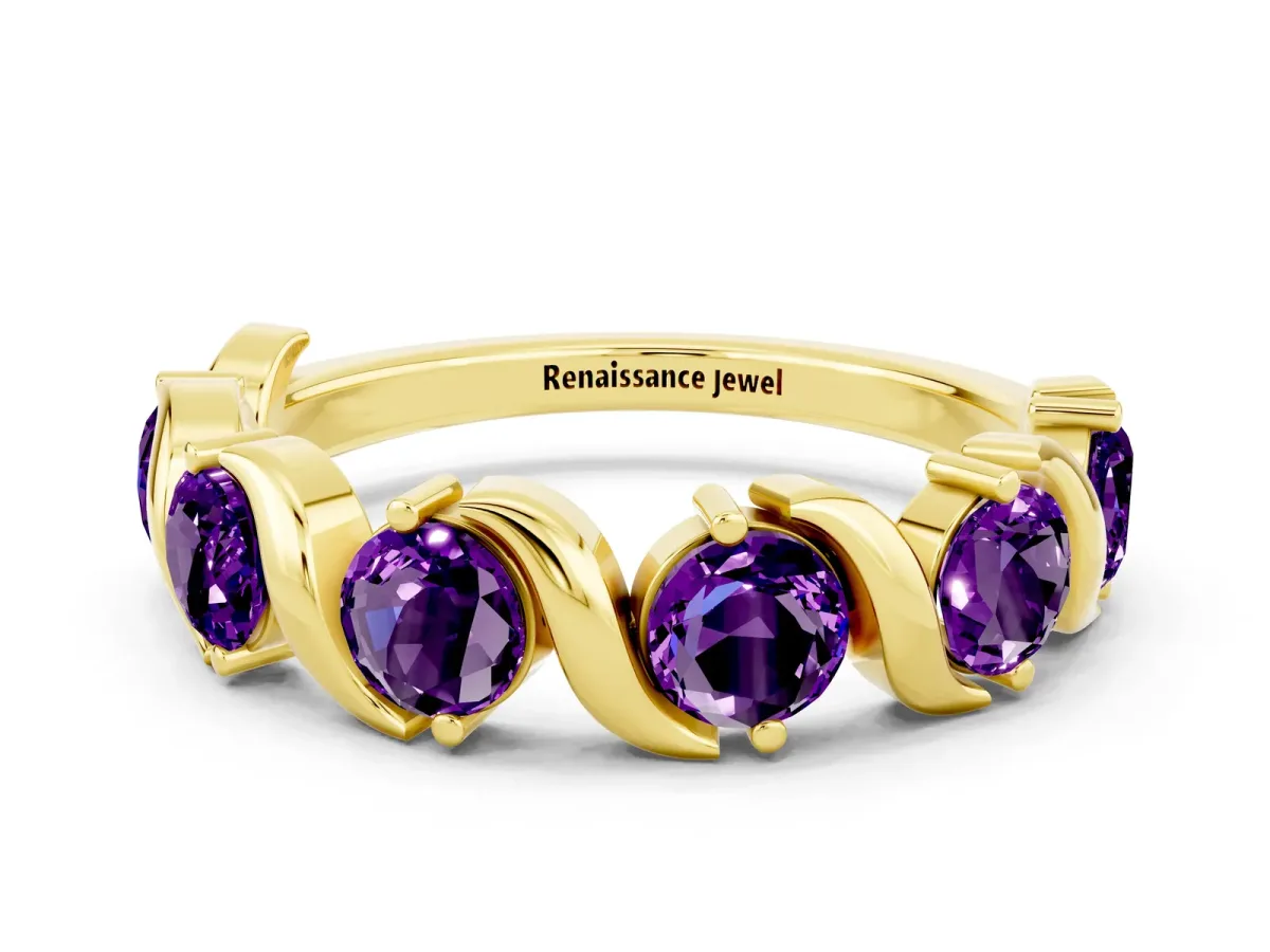 Round Amethyst Half Eternity Band with Wave Prong Setting Yellow gold
