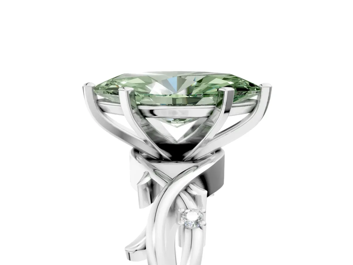 Fancy Green Marquise Cut Diamond Solitaire Ring with Twisted Band and Prong Setting Silver